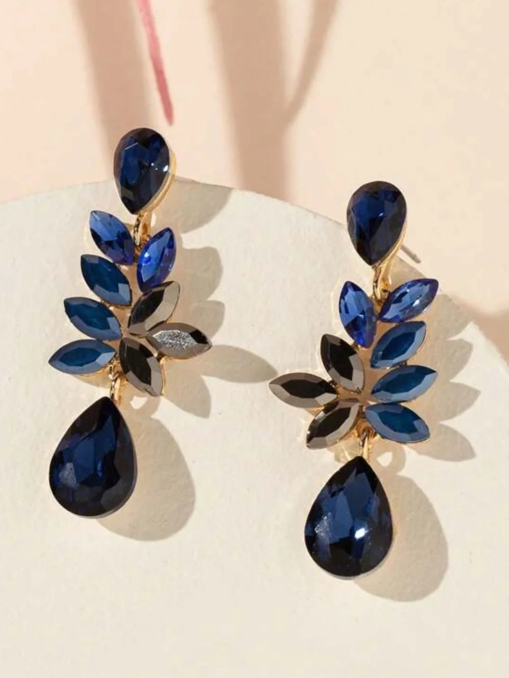 Elegant Navy Blue Teardrop Crystal Leaf Earrings
